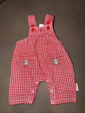 VINTAGE 90s Healthtex Red Plaid Baby Overalls with Reindeers Christmas